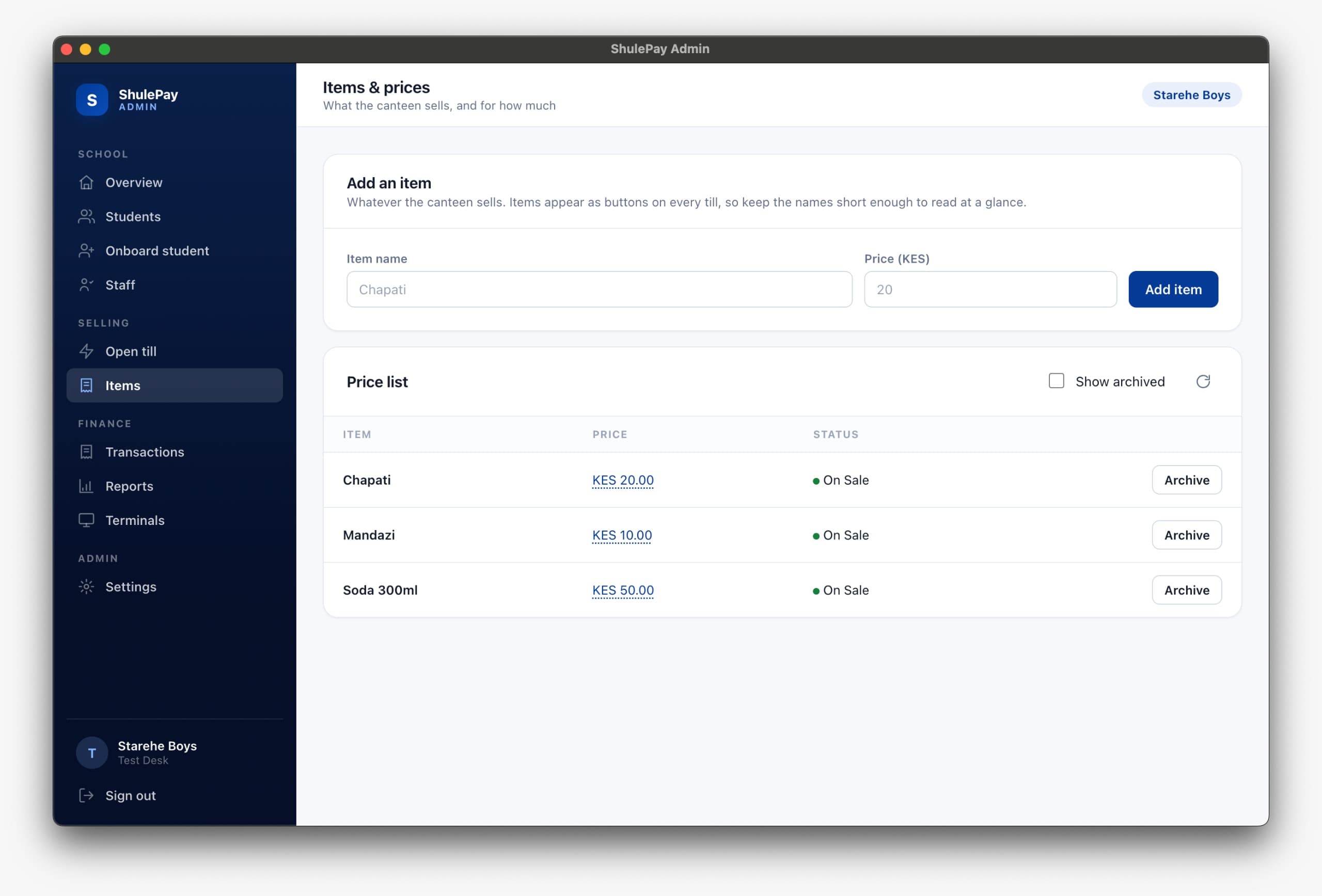 The items and prices screen, listing Chapati, Mandazi, and Soda with prices and an on-sale status.