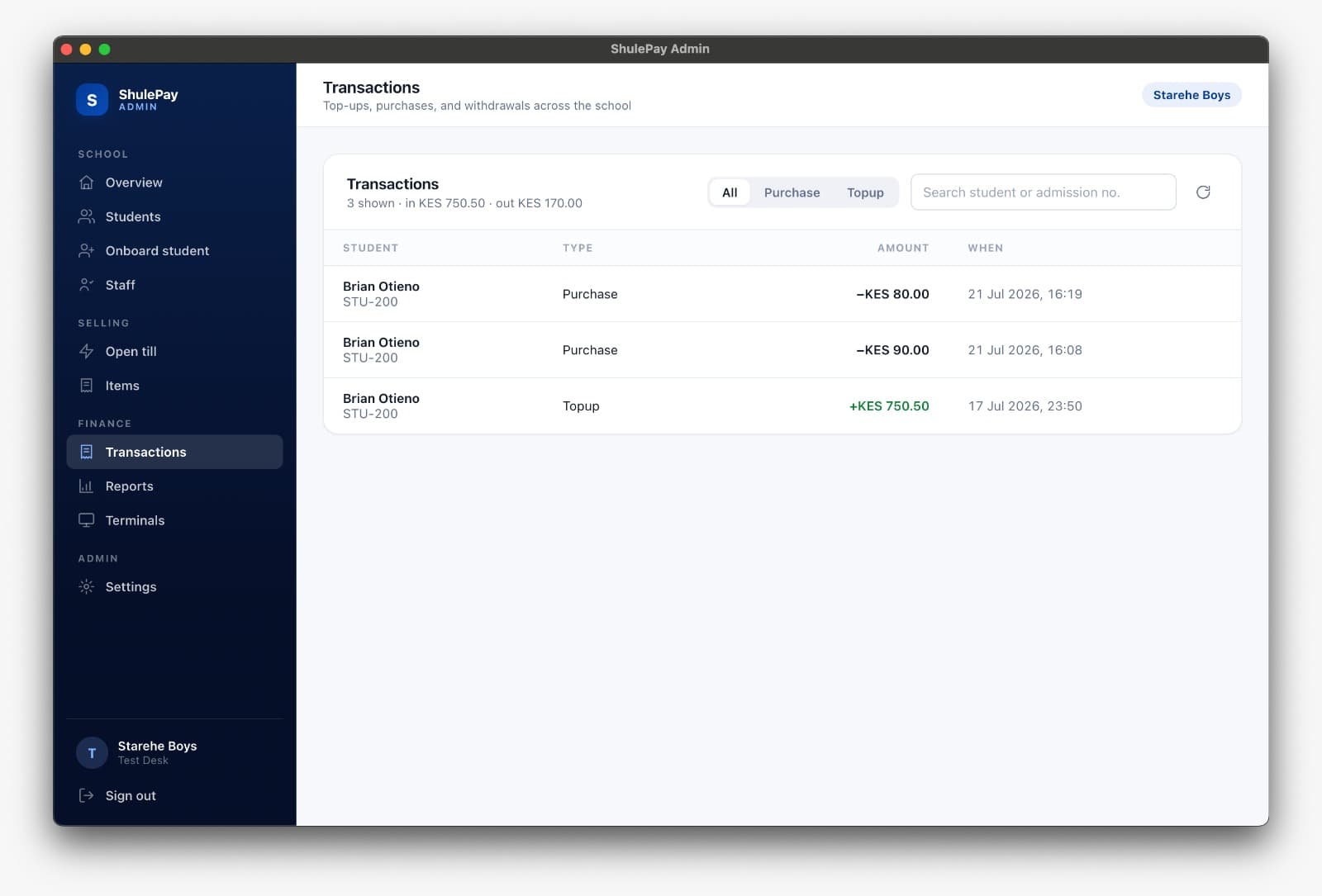A transactions table filtered by type, showing purchases and top-ups with amounts and timestamps.