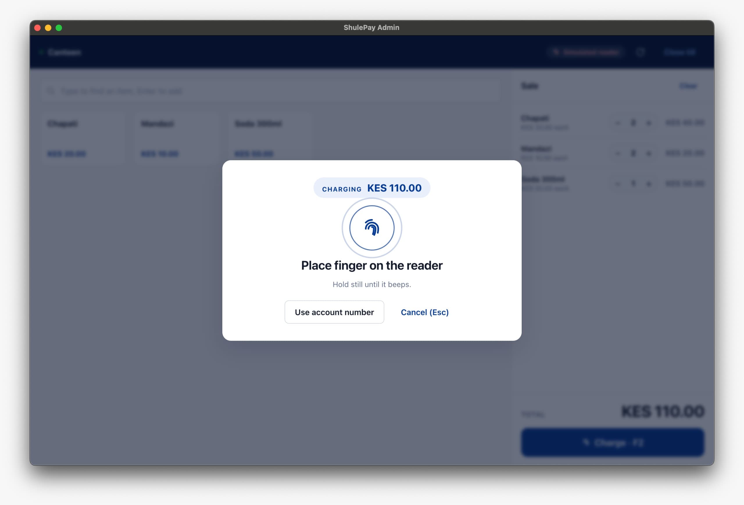 A dialog reading Place finger on the reader, showing the amount being charged and an option to use an account number instead.