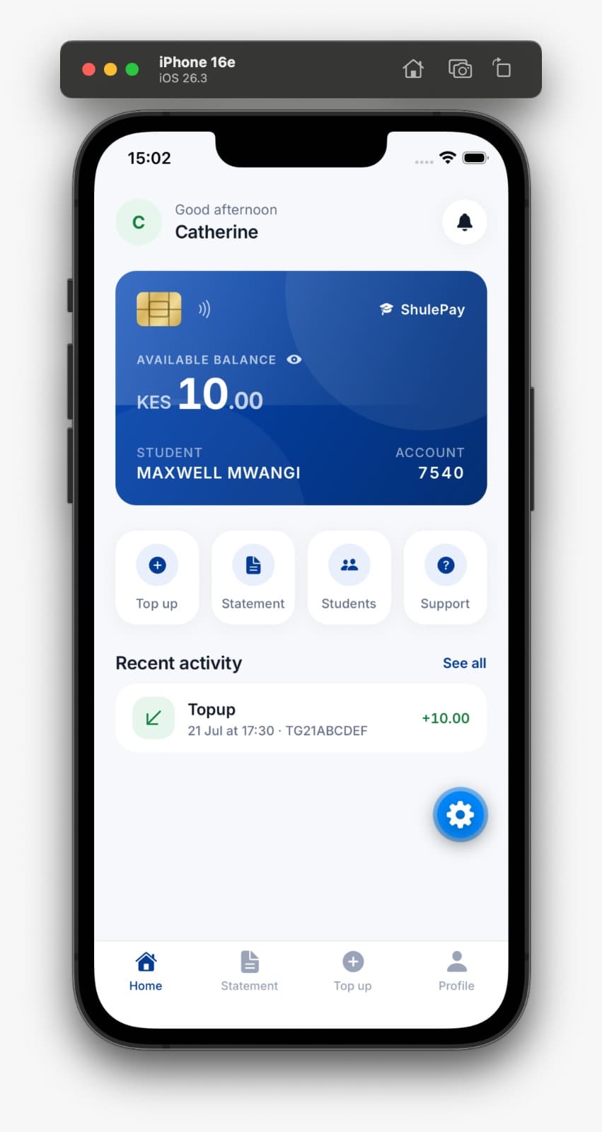 The app home screen showing a student wallet card with the available balance, account number, and recent activity.