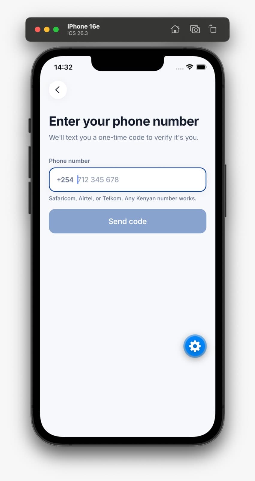 The sign-in screen asking for a Kenyan phone number to receive a one-time code.